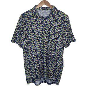 1764 Mens XL Performance Golf Polo Shirt Stretch Palm Tree Crab Fish Blue Green